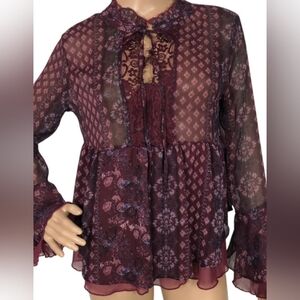 Arizona Jeans Maroon Flare See Through Top W/ Lace and Ruffles. NWT Size 0X.